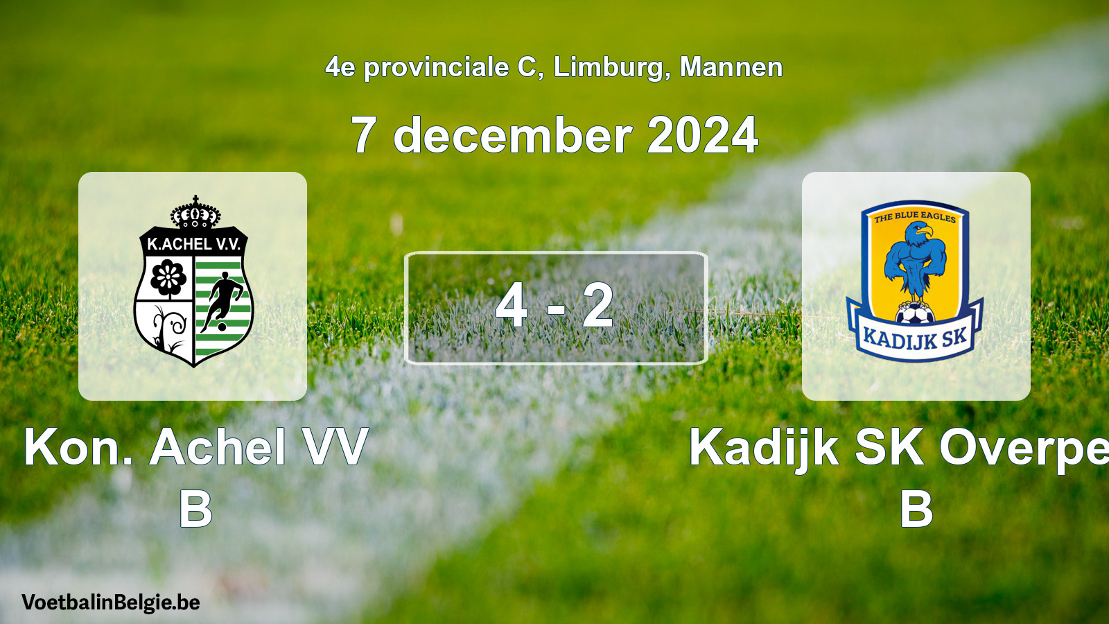 Gespeelde wedstrijd mannenvoetbal: Kon. Achel VV B - Kadijk SK Overpelt B 4 - 2 (7 december 2024)