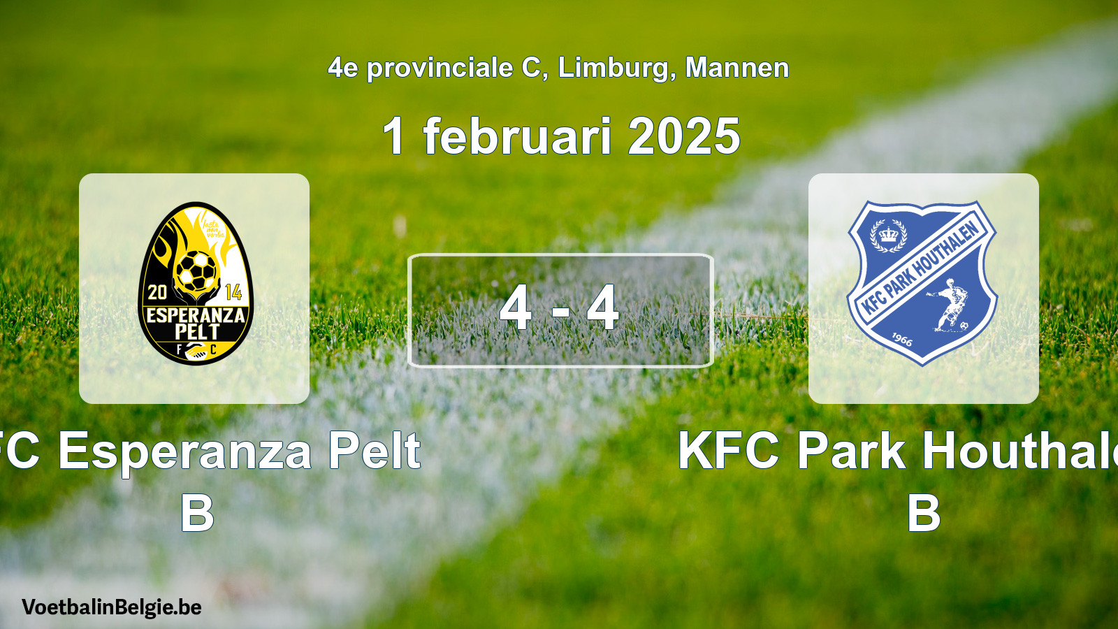 Gespeelde wedstrijd mannenvoetbal: FC Esperanza Pelt B - KFC Park Houthalen B 4 - 4 (1 februari 2025)
