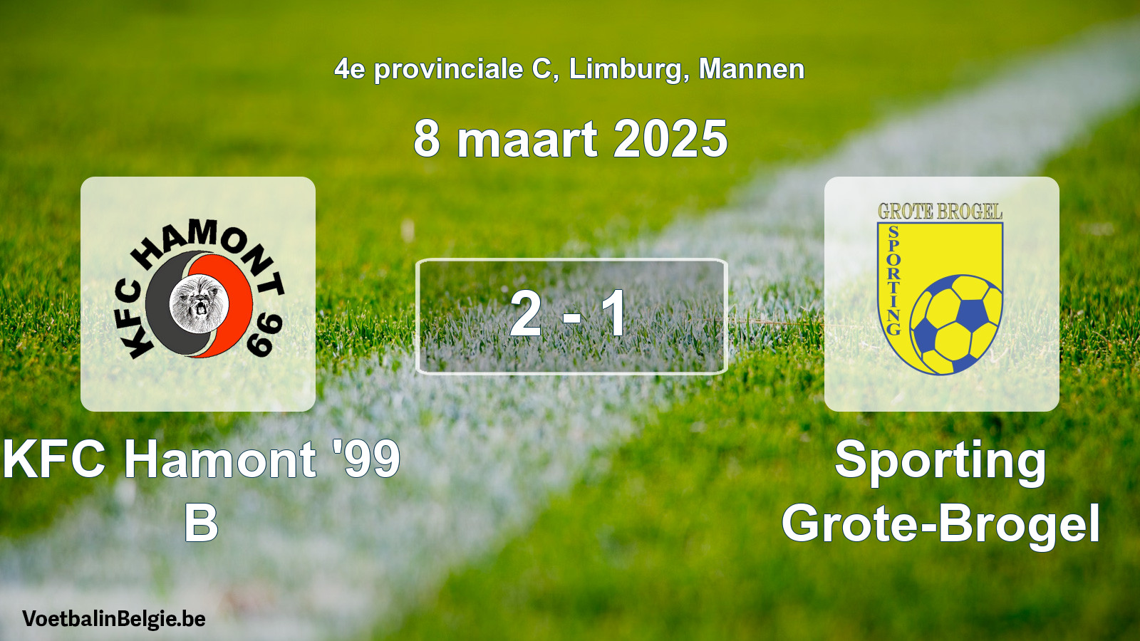 Gespeelde wedstrijd mannenvoetbal: KFC Hamont '99 B - Sporting Grote-Brogel 2 - 1 (8 maart 2025)