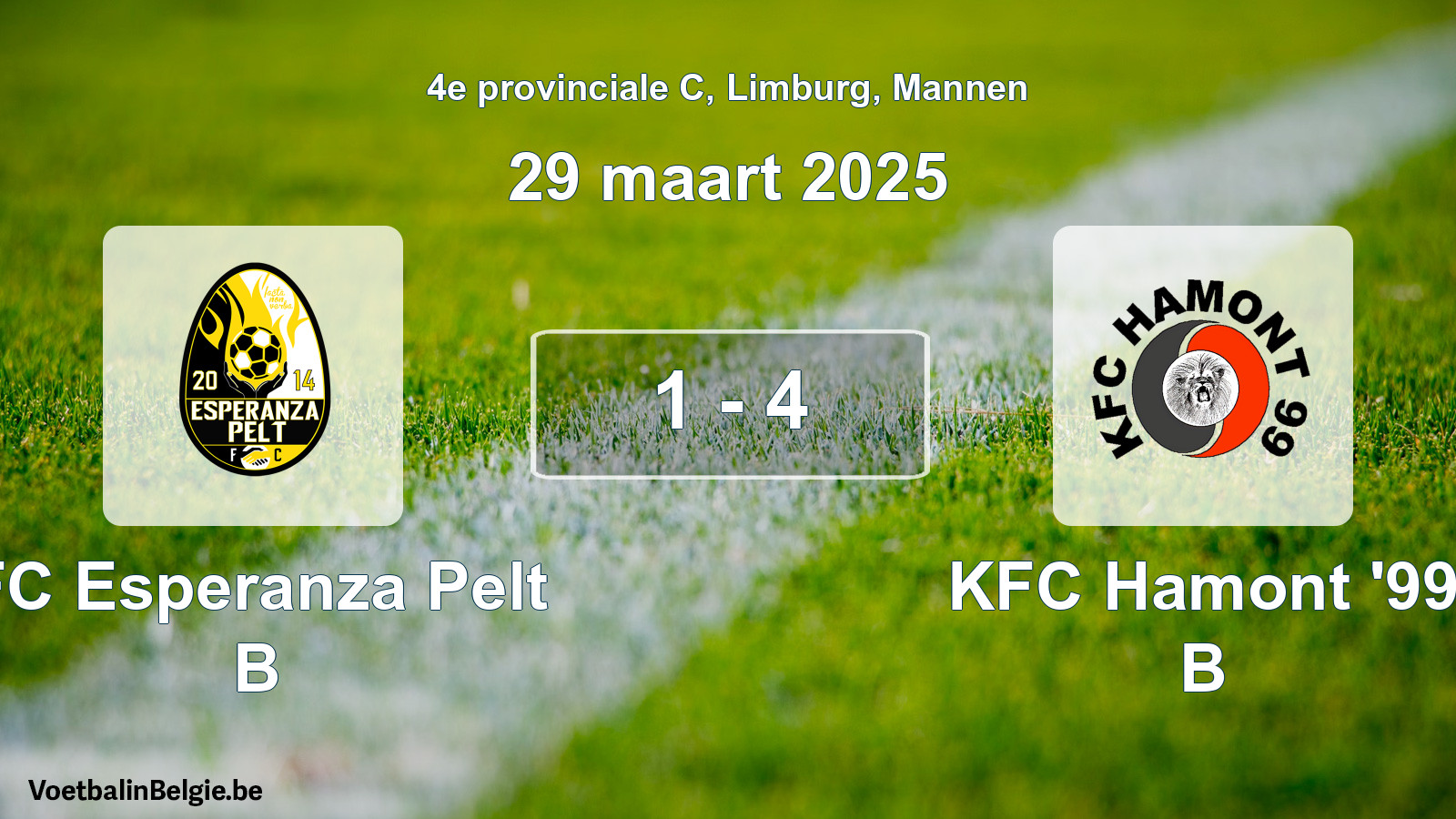 Gespeelde wedstrijd mannenvoetbal: FC Esperanza Pelt B - KFC Hamont '99 B 1 - 4 (29 maart 2025)