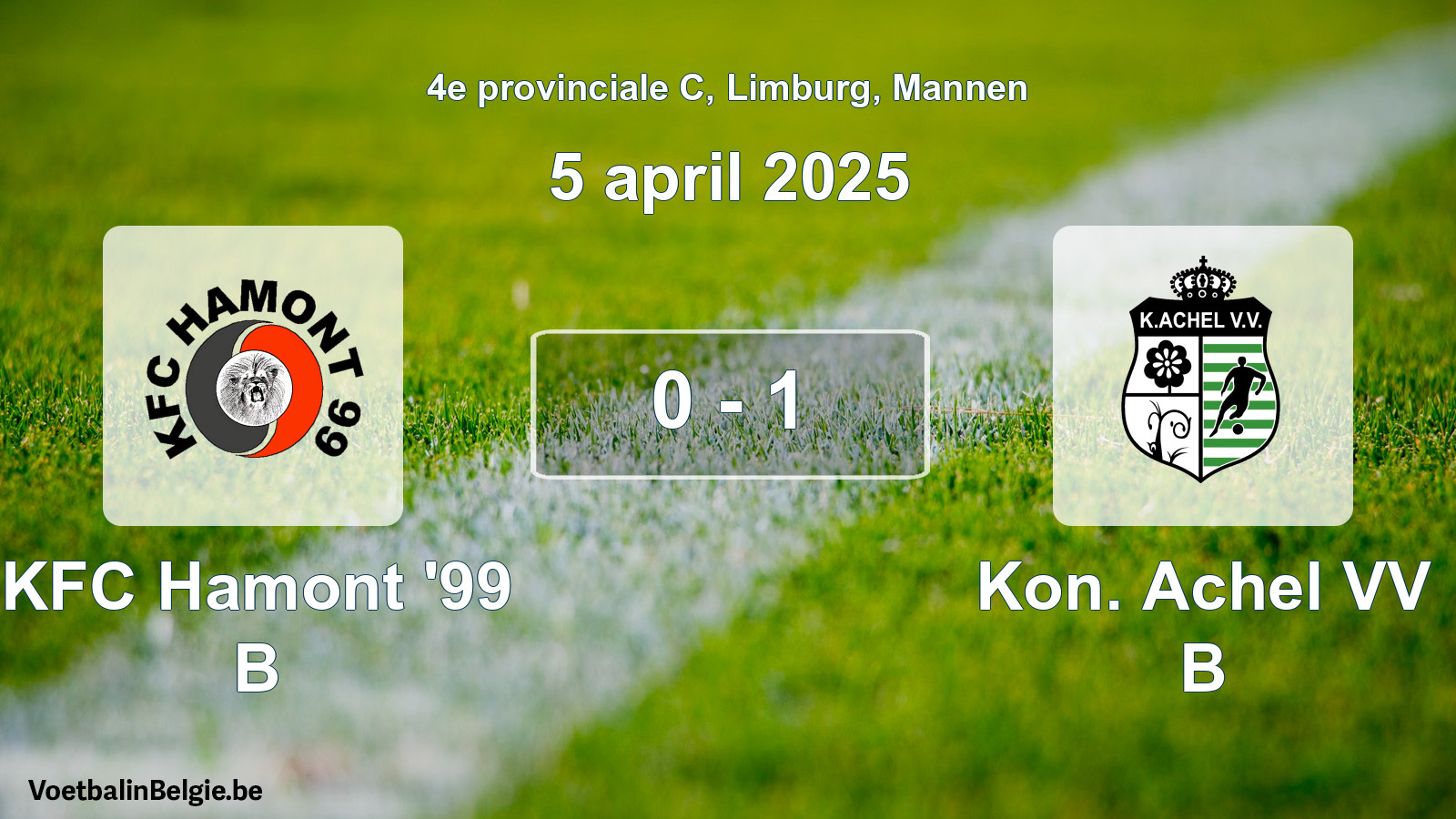 Gespeelde wedstrijd mannenvoetbal: KFC Hamont '99 B - Kon. Achel VV B 0 - 1 (5 april 2025)