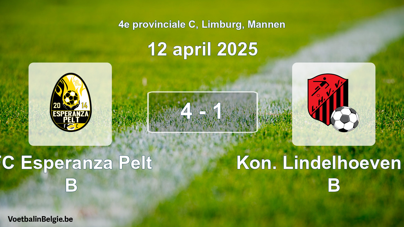 Gespeelde wedstrijd mannenvoetbal: FC Esperanza Pelt B - Kon. Lindelhoeven VV B 4 - 1 (12 april 2025)