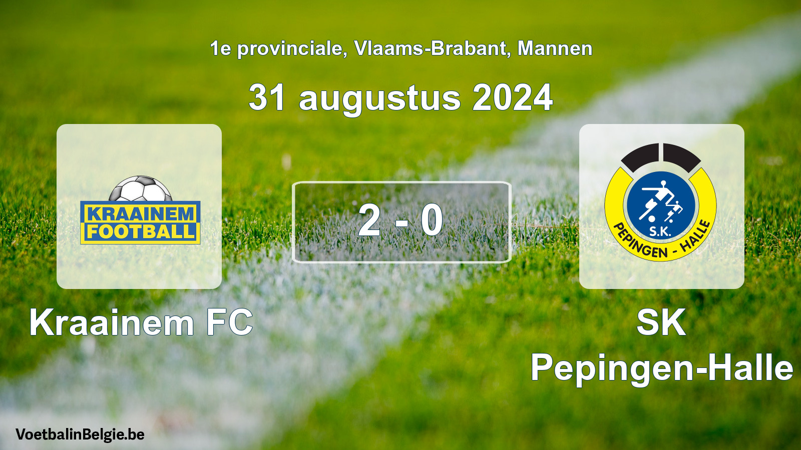 Gespieltes Spiel männer-Fußball: Kraainem FC - SK Pepingen-Halle 2 - 0 (31 August 2024)