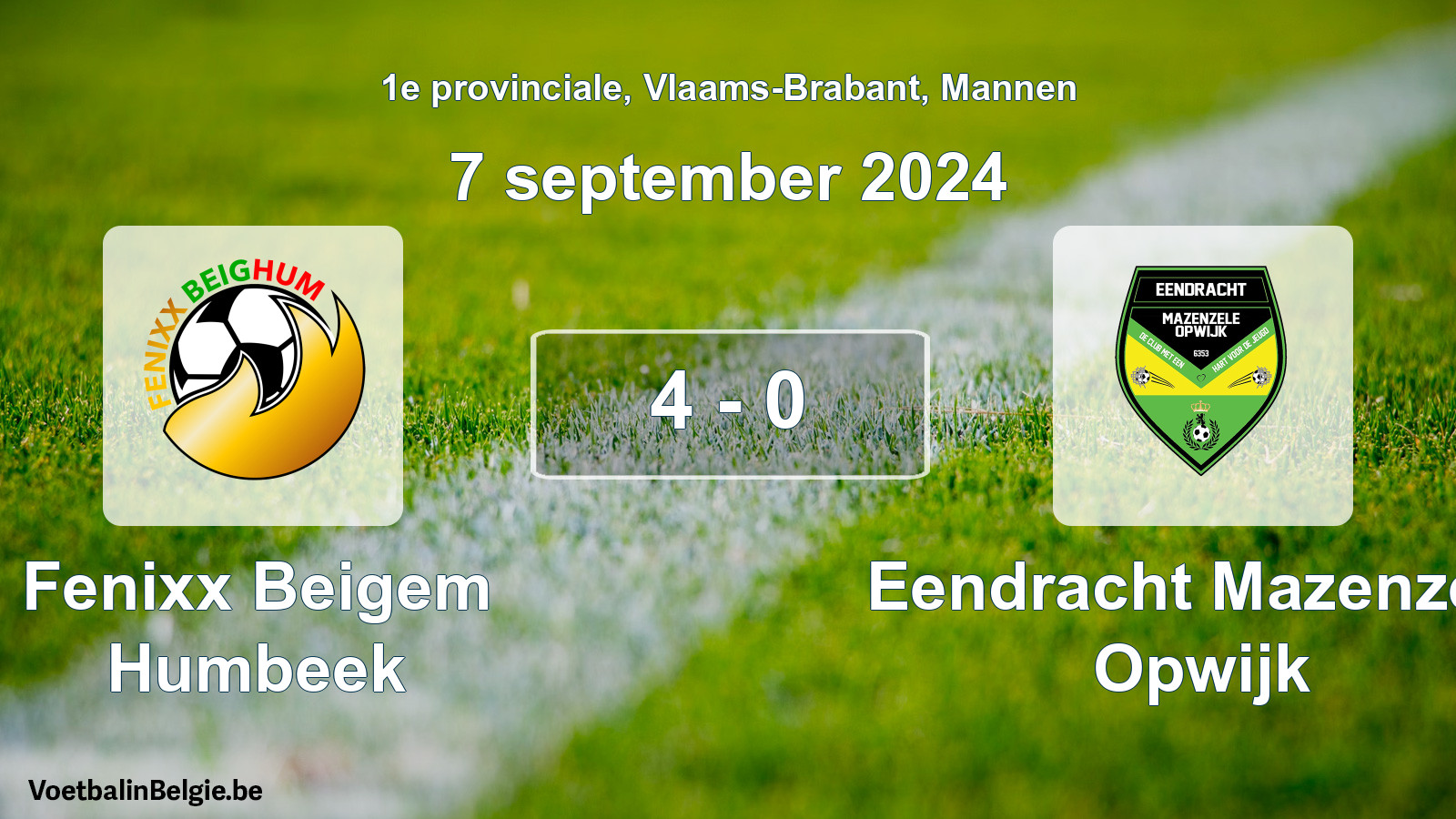 Gespeelde wedstrijd mannenvoetbal: Fenixx Beigem Humbeek - Eendracht Mazenzele Opwijk 4 - 0 (7 september 2024)