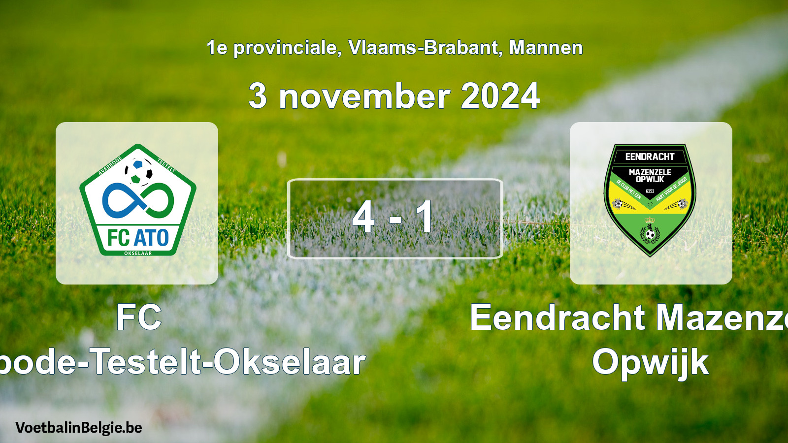 Gespeelde wedstrijd mannenvoetbal: FC Averbode-Testelt-Okselaar - Eendracht Mazenzele Opwijk 4 - 1 (3 november 2024)