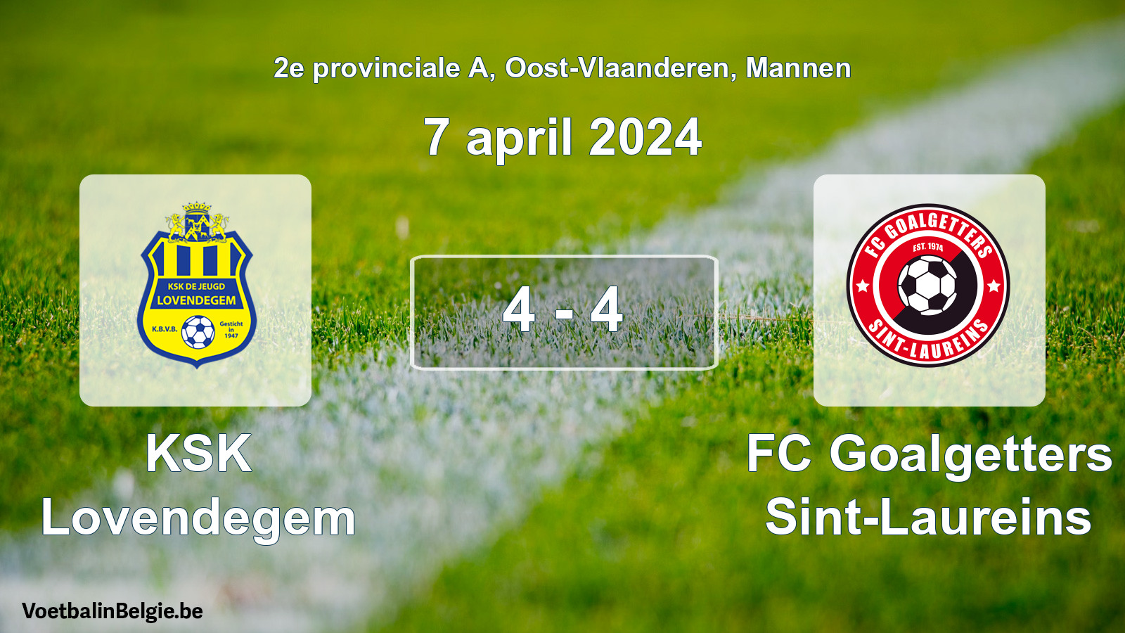 Gespeelde wedstrijd mannenvoetbal: KSK Lovendegem - FC Goalgetters Sint-Laureins 4 - 4 (7 april 2024)