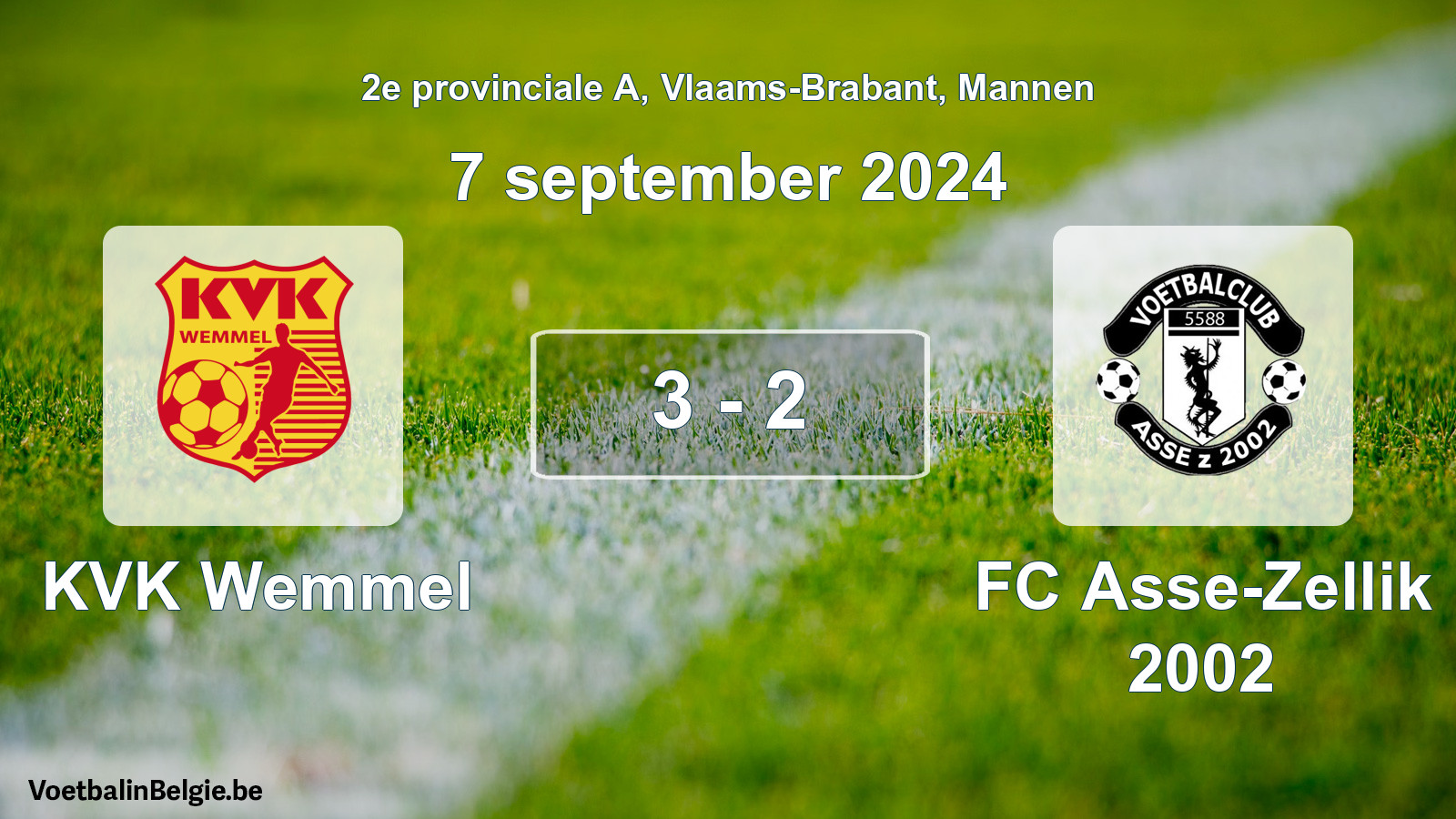Gespeelde wedstrijd mannenvoetbal: KVK Wemmel - FC Asse-Zellik 2002 3 - 2 (7 september 2024)