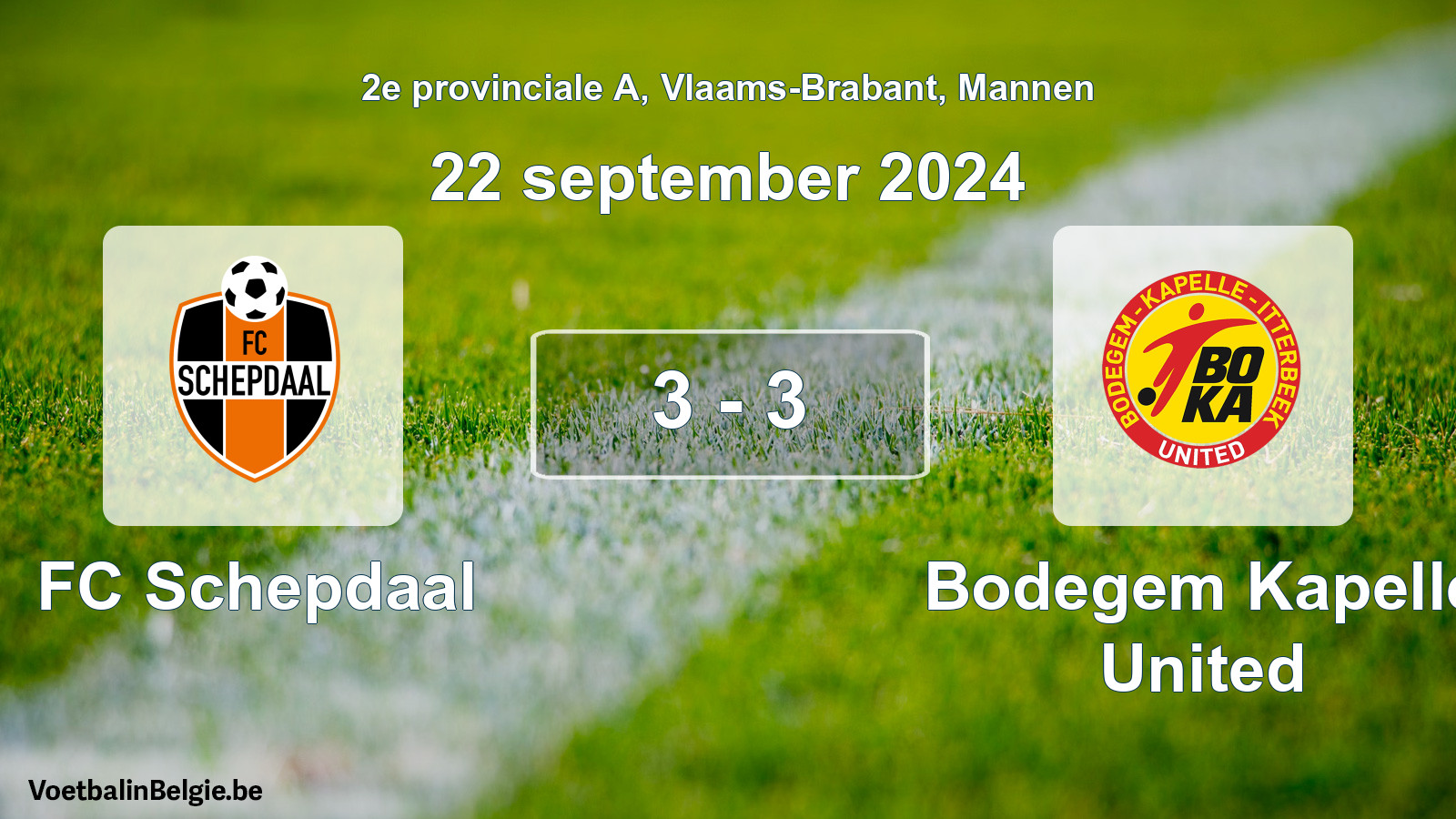 Gespeelde wedstrijd mannenvoetbal: FC Schepdaal - Bodegem Kapelle United 3 - 3 (22 september 2024)