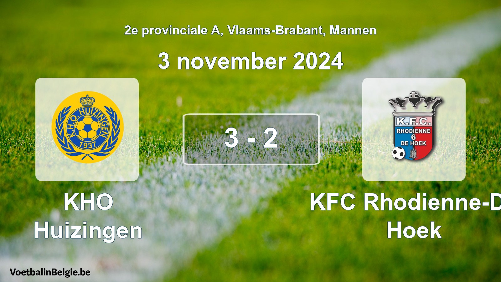 Gespeelde wedstrijd mannenvoetbal: KHO Huizingen - KFC Rhodienne-De Hoek 3 - 2 (3 november 2024)