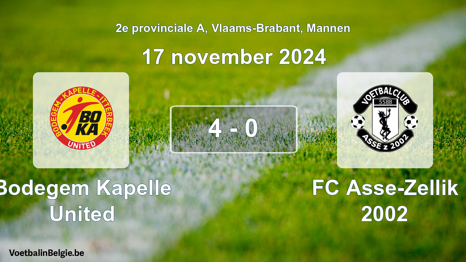 Gespeelde wedstrijd mannenvoetbal: Bodegem Kapelle United - FC Asse-Zellik 2002 4 - 0 (17 november 2024)