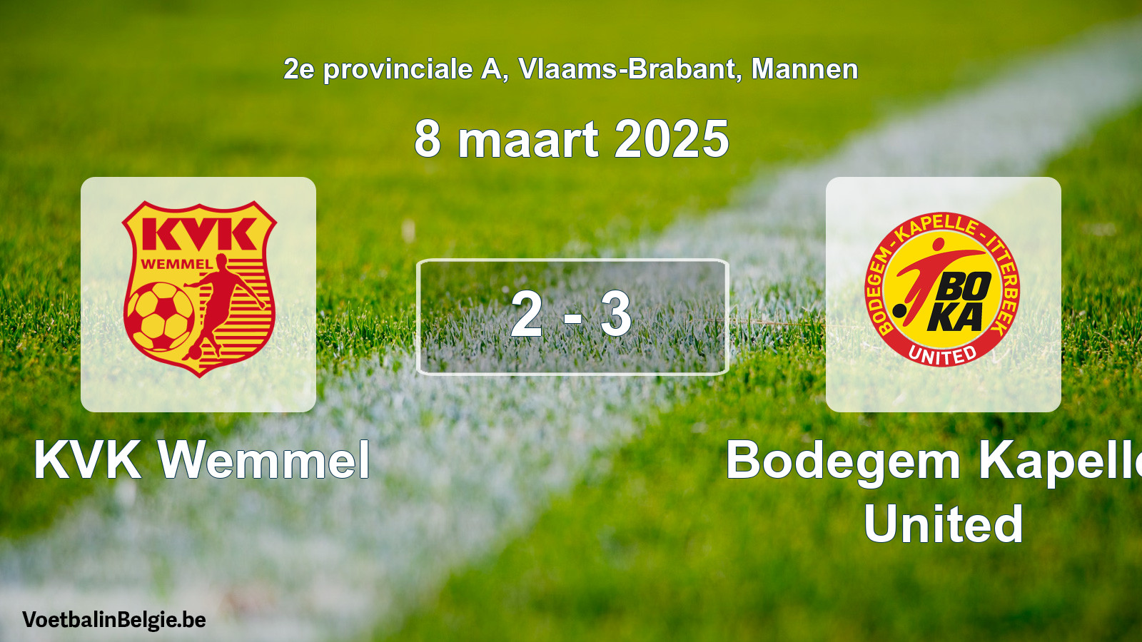 Gespeelde wedstrijd mannenvoetbal: KVK Wemmel - Bodegem Kapelle United 2 - 3 (8 maart 2025)