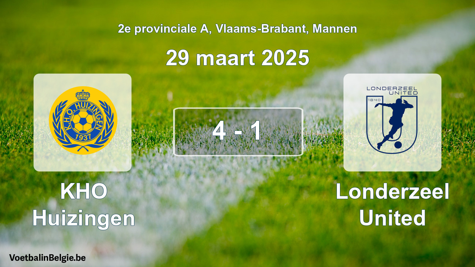 Gespeelde wedstrijd mannenvoetbal: KHO Huizingen - Londerzeel United 4 - 1 (29 maart 2025)