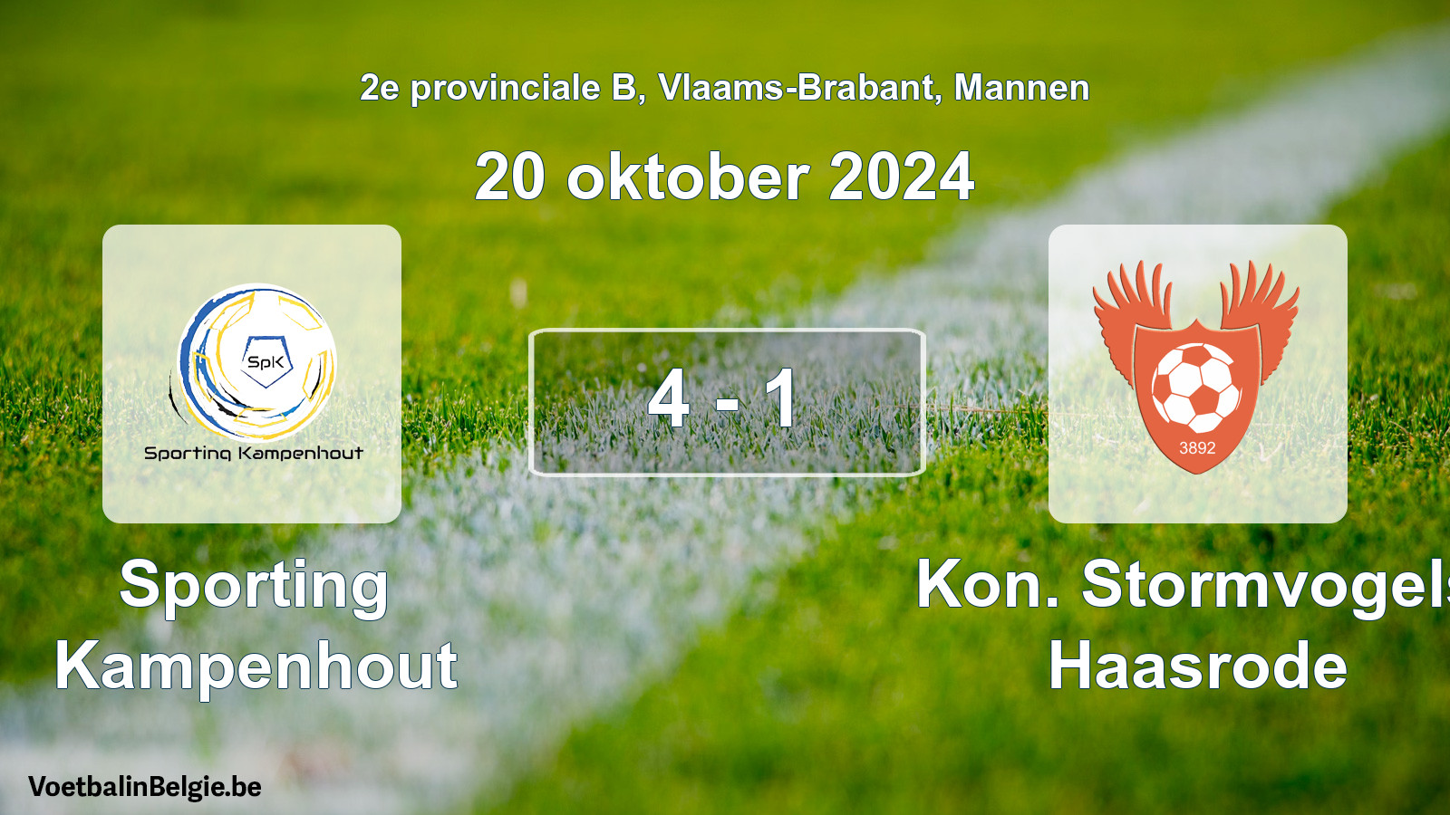 Gespeelde wedstrijd mannenvoetbal: Sporting Kampenhout - Kon. Stormvogels Haasrode 4 - 1 (20 oktober 2024)