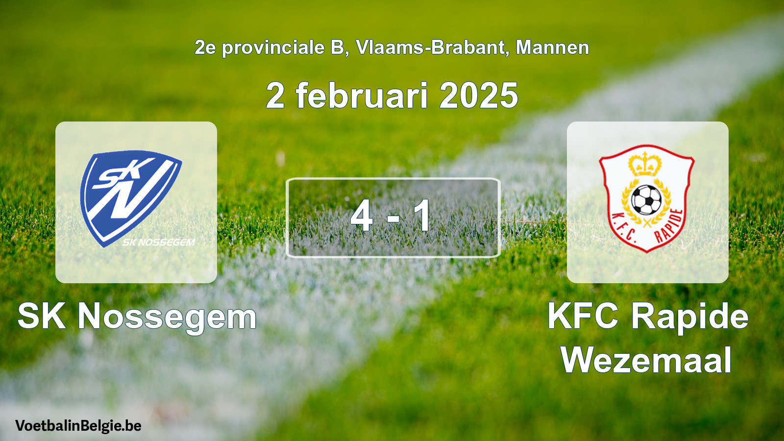 Gespeelde wedstrijd mannenvoetbal: SK Nossegem - KFC Rapide Wezemaal 4 - 1 (2 februari 2025)
