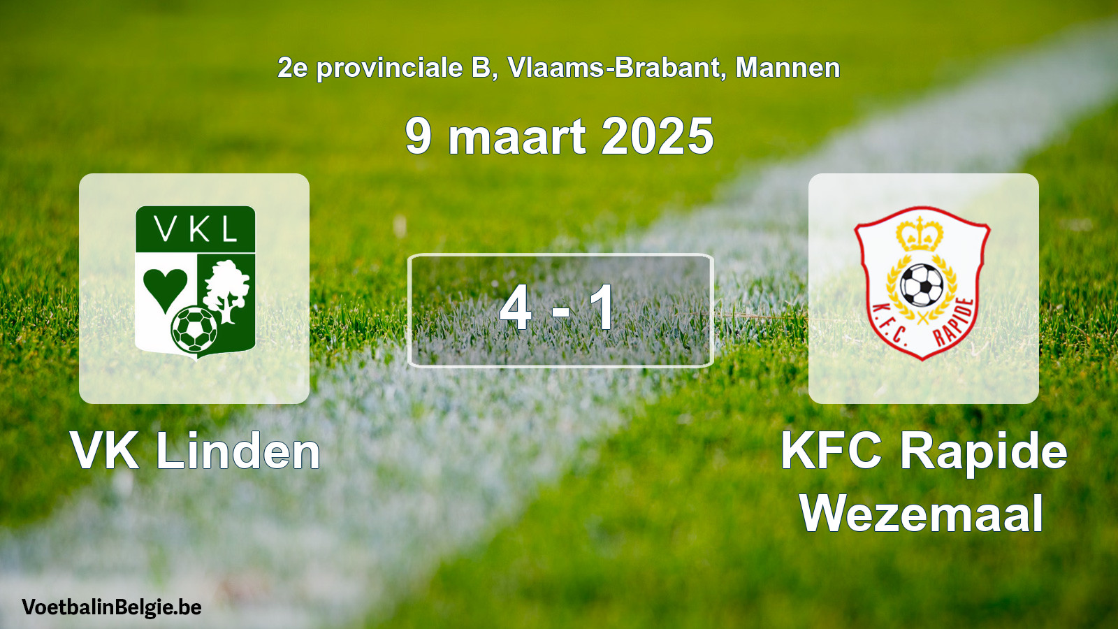 Gespeelde wedstrijd mannenvoetbal: VK Linden - KFC Rapide Wezemaal 4 - 1 (9 maart 2025)