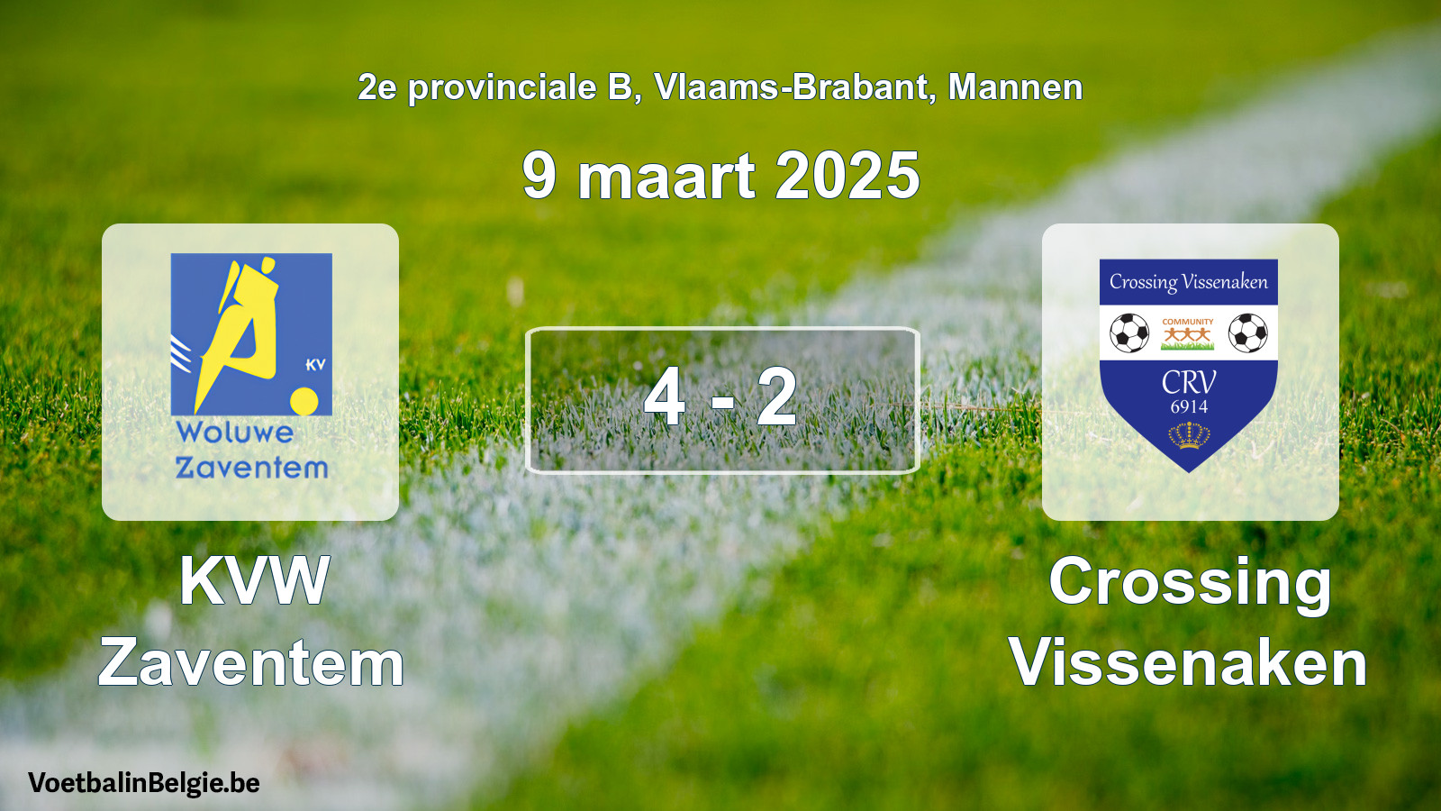Gespeelde wedstrijd mannenvoetbal: KVW Zaventem - Crossing Vissenaken 4 - 2 (9 maart 2025)