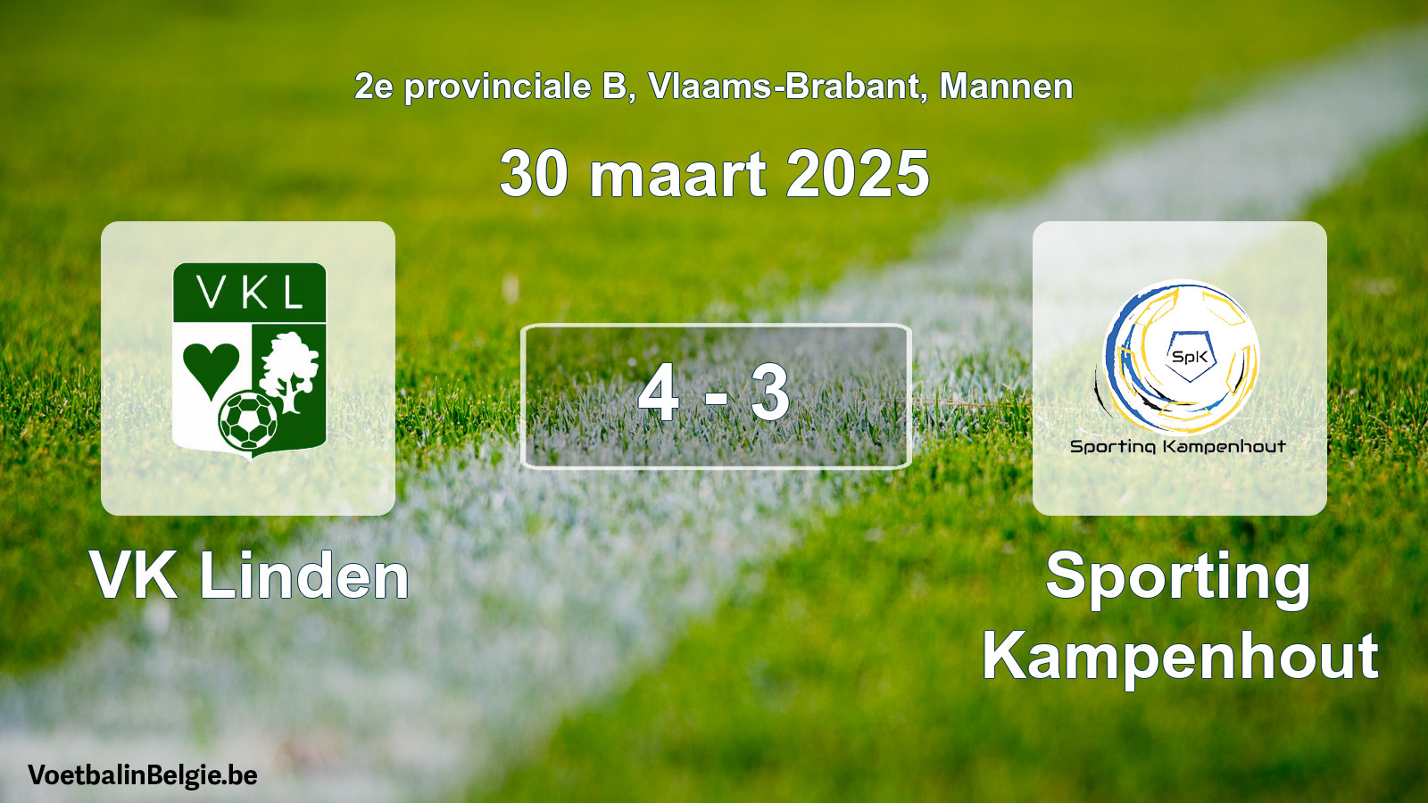 Gespeelde wedstrijd mannenvoetbal: VK Linden - Sporting Kampenhout 4 - 3 (30 maart 2025)