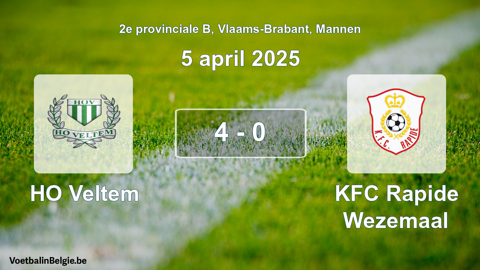 Gespeelde wedstrijd mannenvoetbal: HO Veltem - KFC Rapide Wezemaal 4 - 0 (5 april 2025)