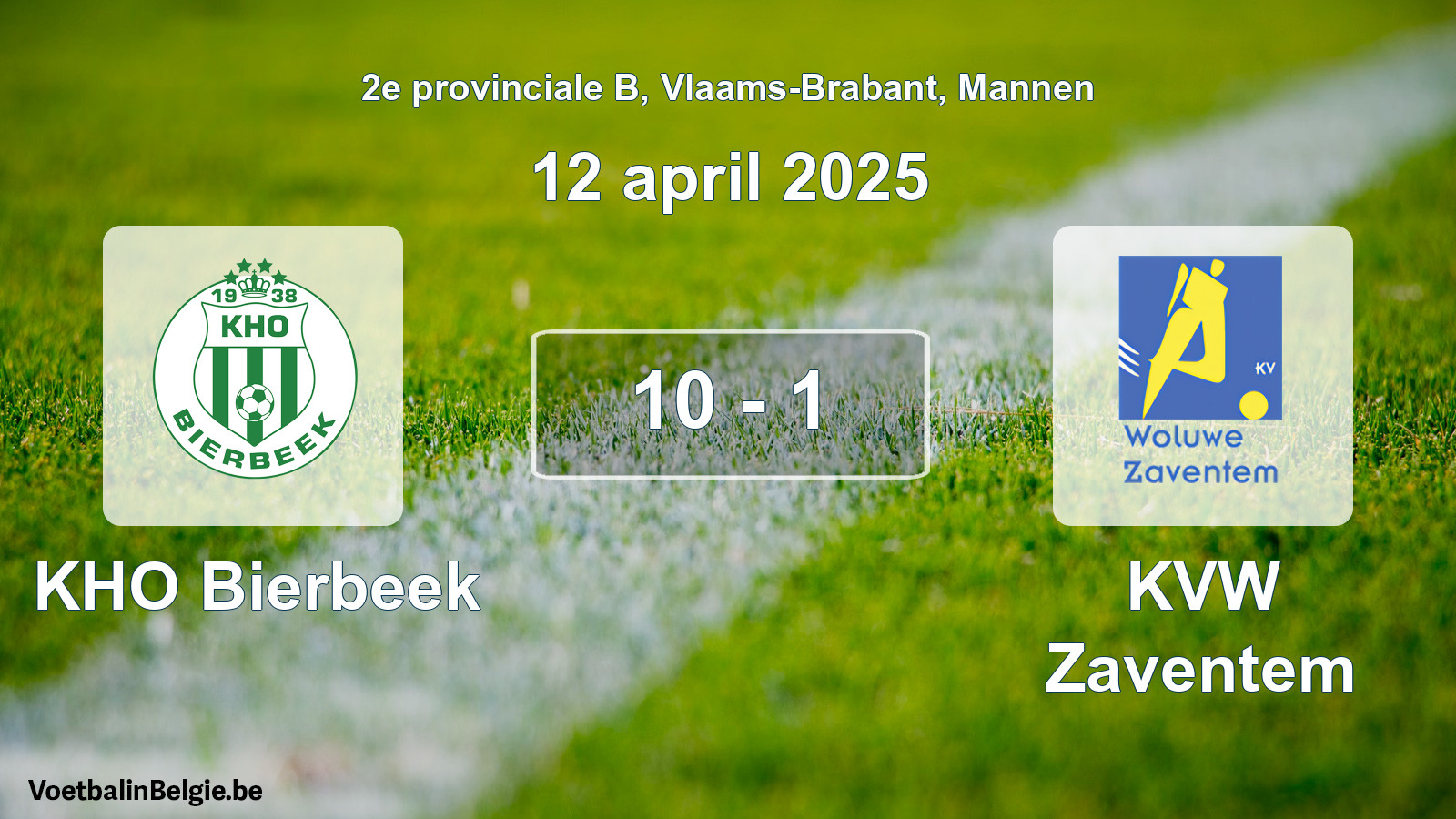 Gespeelde wedstrijd mannenvoetbal: KHO Bierbeek - KVW Zaventem 10 - 1 (12 april 2025)
