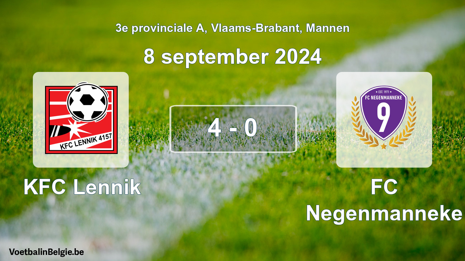 Gespeelde wedstrijd mannenvoetbal: KFC Lennik - FC Negenmanneke 4 - 0 (8 september 2024)