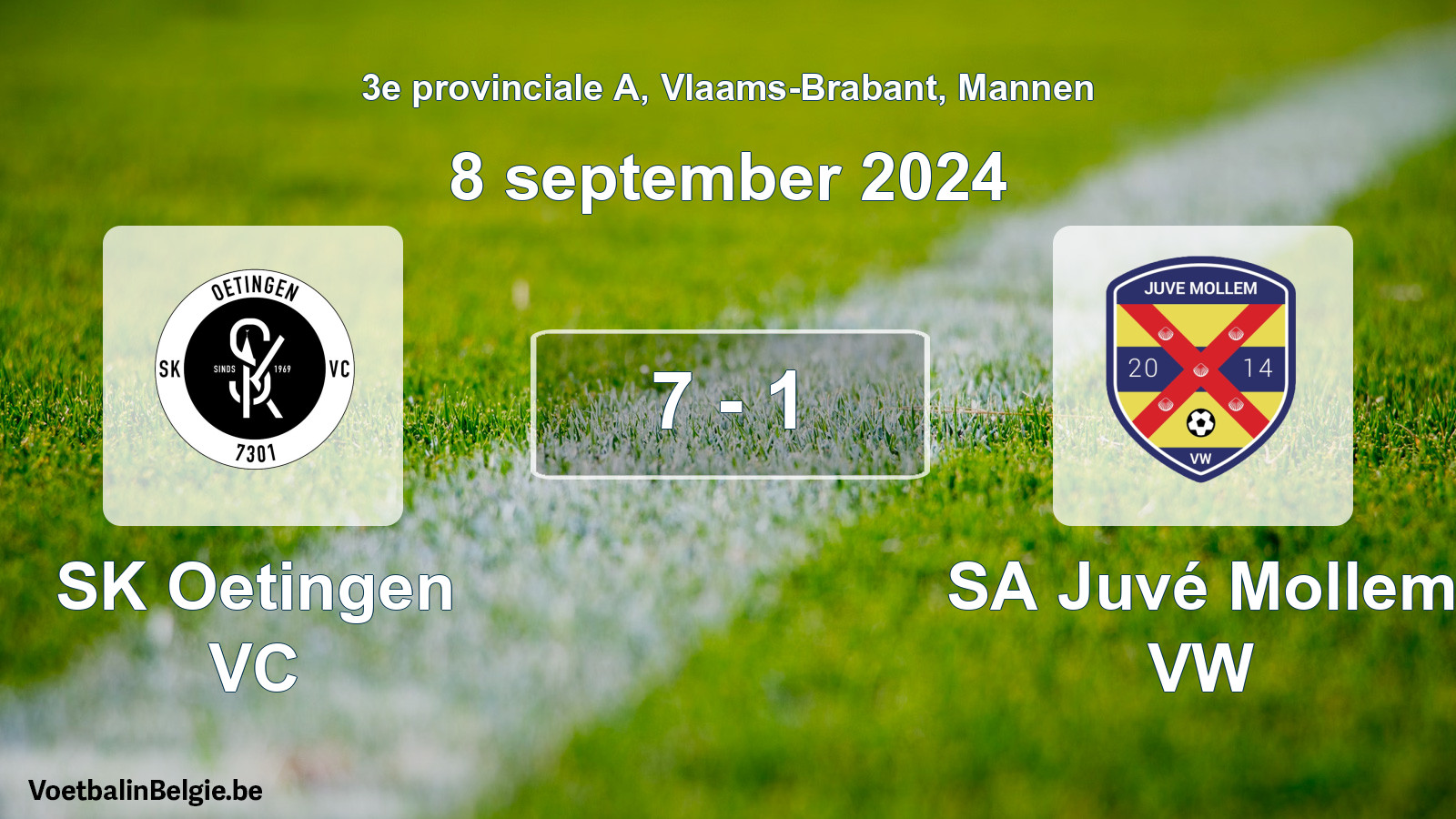 Gespeelde wedstrijd mannenvoetbal: SK Oetingen VC - SA Juvé Mollem VW 7 - 1 (8 september 2024)