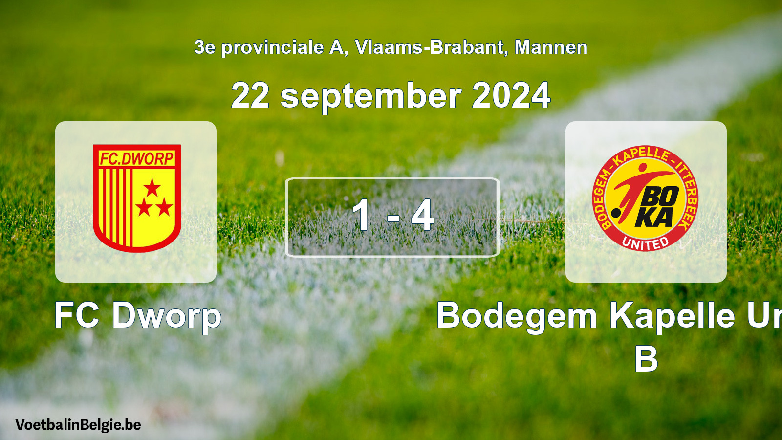 Gespeelde wedstrijd mannenvoetbal: FC Dworp - Bodegem Kapelle United B 1 - 4 (22 september 2024)