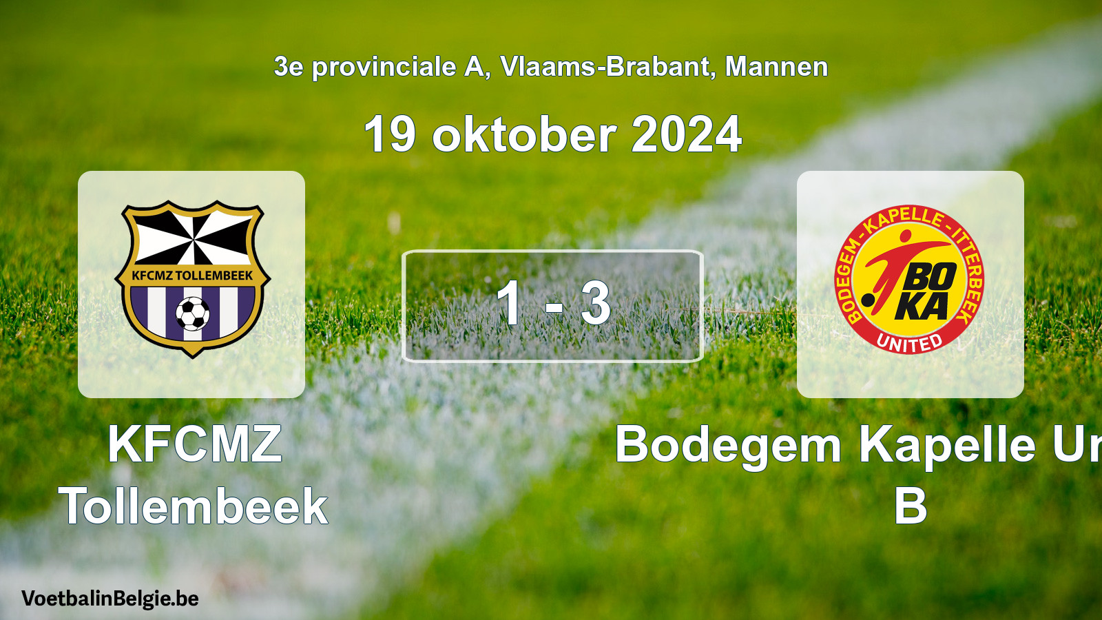 Gespeelde wedstrijd mannenvoetbal: KFCMZ Tollembeek - Bodegem Kapelle United B 1 - 3 (19 oktober 2024)