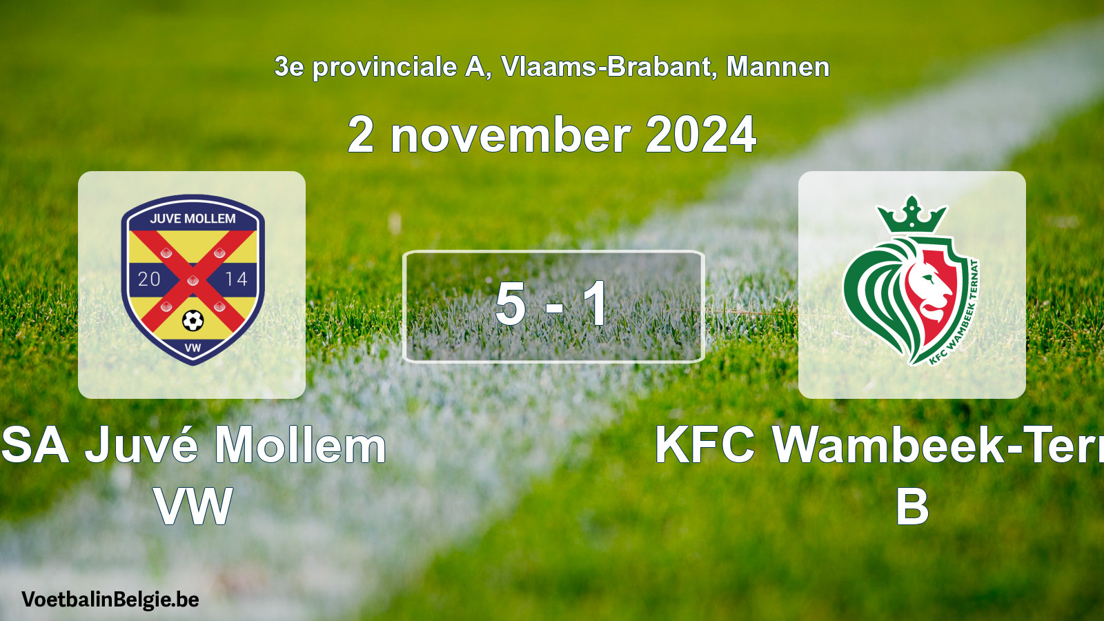 Gespeelde wedstrijd mannenvoetbal: SA Juvé Mollem VW - KFC Wambeek-Ternat B 5 - 1 (2 november 2024)