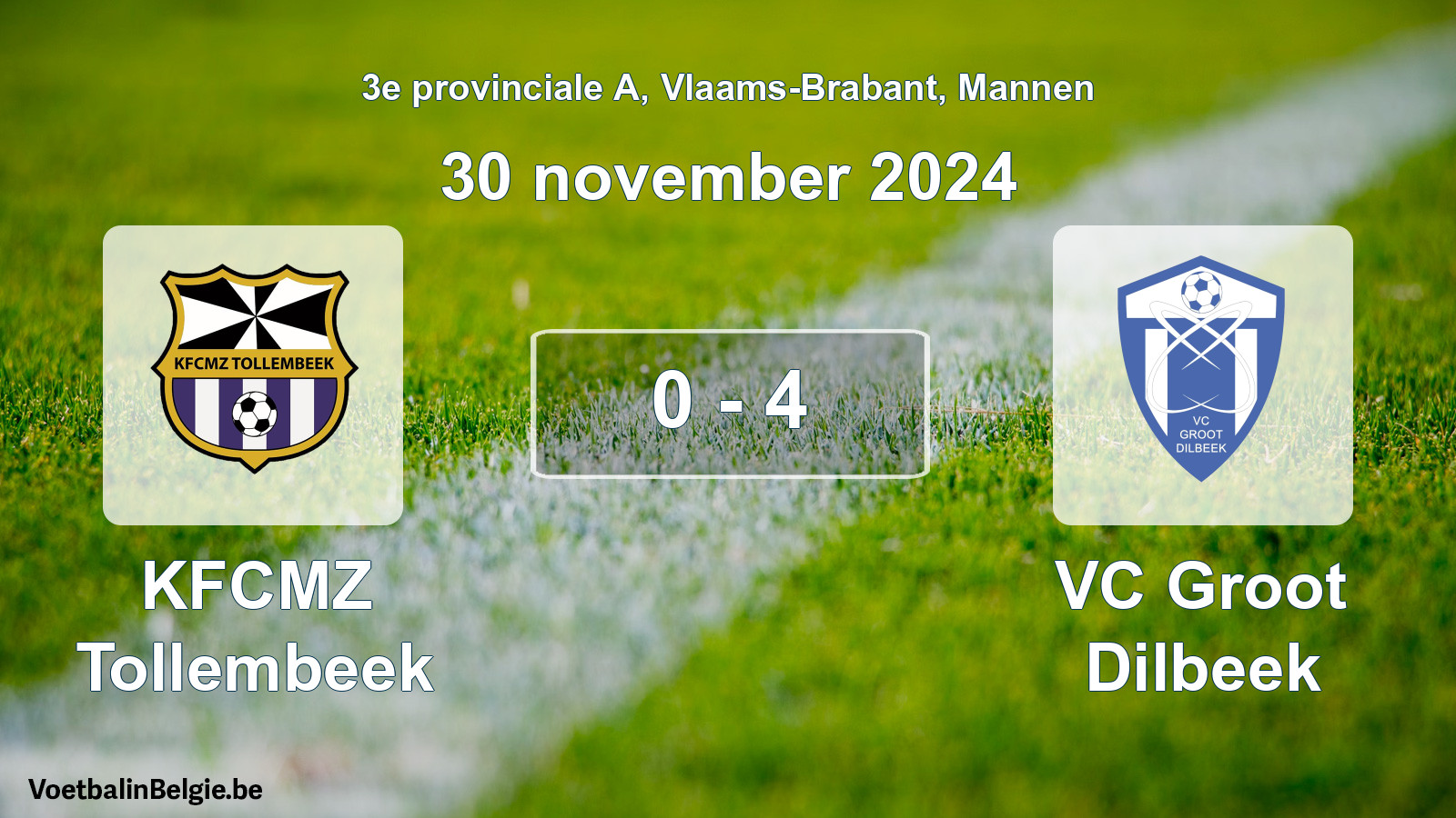 Gespeelde wedstrijd mannenvoetbal: KFCMZ Tollembeek - VC Groot Dilbeek 0 - 4 (30 november 2024)