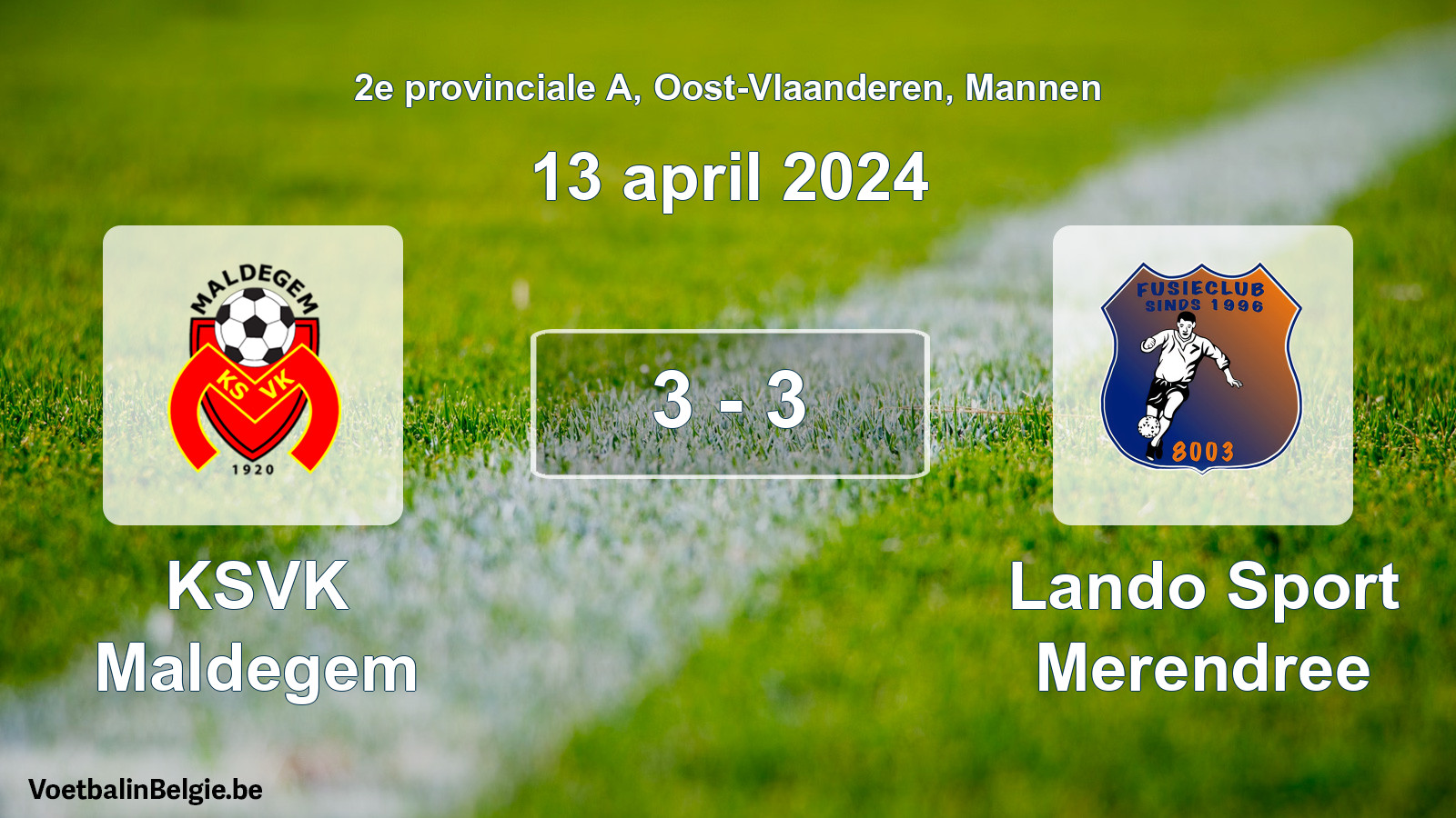 Gespeelde wedstrijd mannenvoetbal: KSVK Maldegem - Lando Sport Merendree 3 - 3 (13 april 2024)