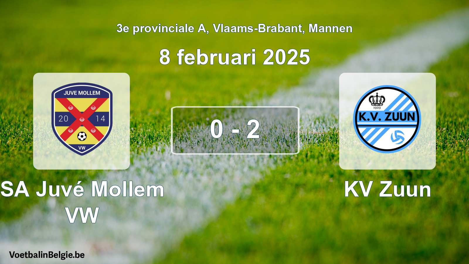 Gespeelde wedstrijd mannenvoetbal: SA Juvé Mollem VW - KV Zuun 0 - 2 (8 februari 2025)