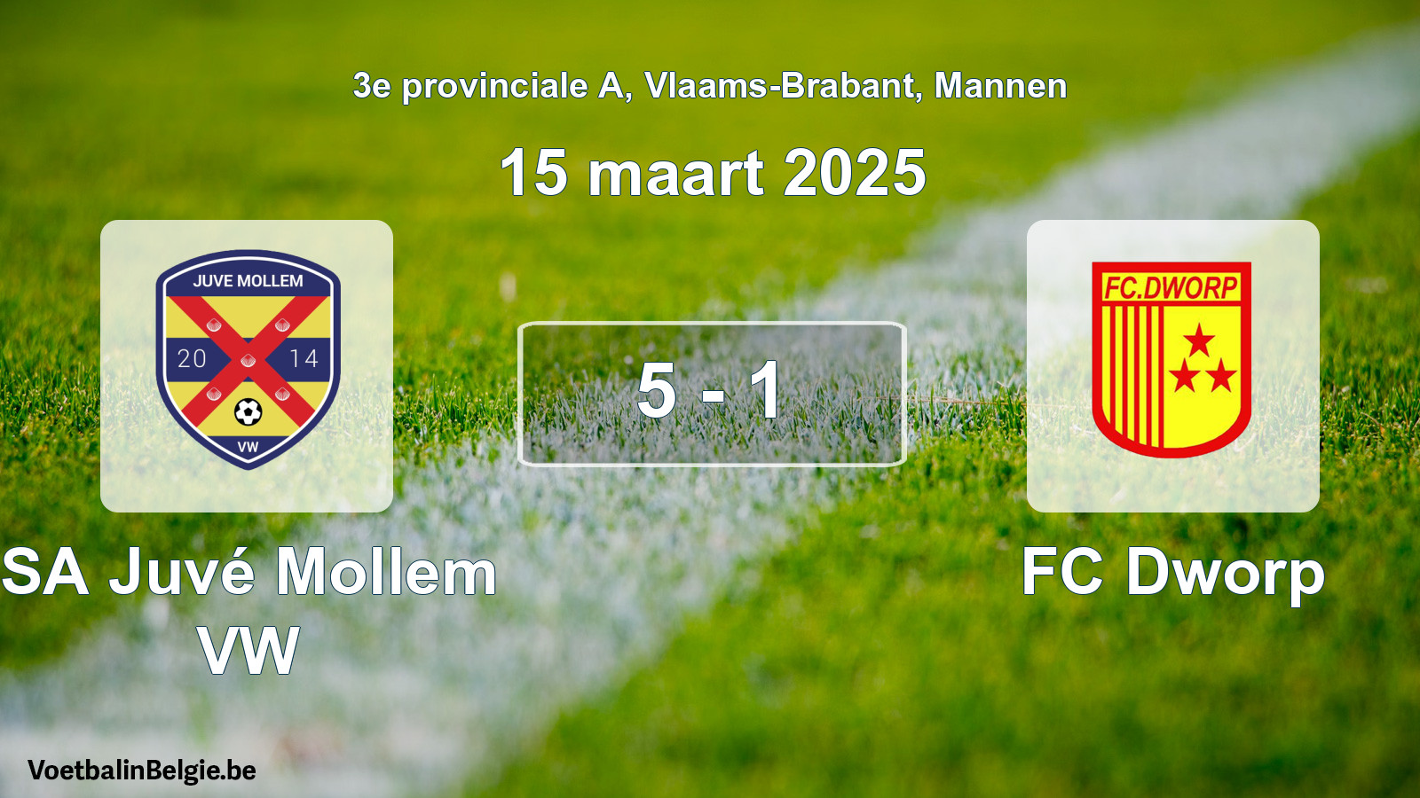 Gespeelde wedstrijd mannenvoetbal: SA Juvé Mollem VW - FC Dworp 5 - 1 (15 maart 2025)