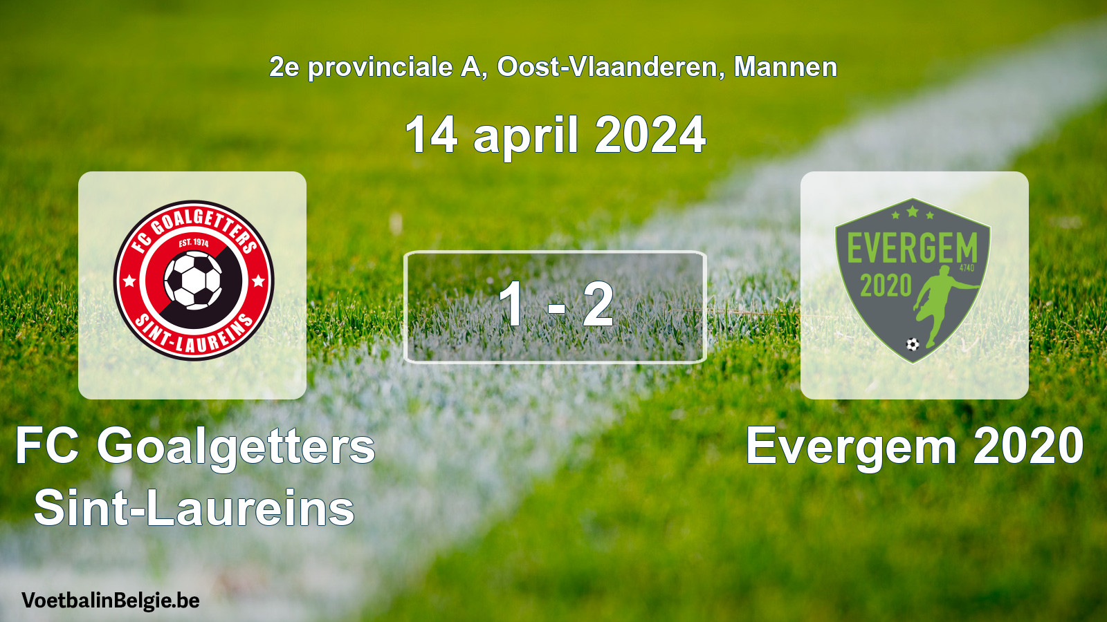 Gespeelde wedstrijd mannenvoetbal: FC Goalgetters Sint-Laureins - Evergem 2020 1 - 2 (14 april 2024)