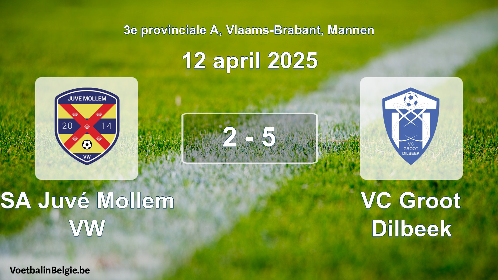 Gespeelde wedstrijd mannenvoetbal: SA Juvé Mollem VW - VC Groot Dilbeek 2 - 5 (12 april 2025)