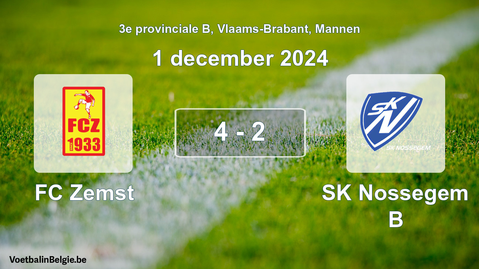 Gespeelde wedstrijd mannenvoetbal: FC Zemst - SK Nossegem B 4 - 2 (1 december 2024)