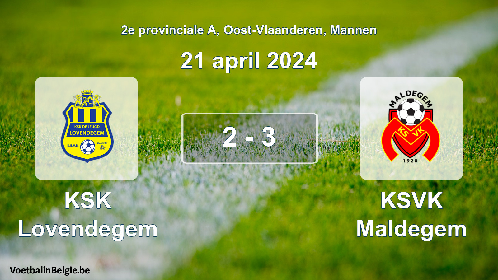 Gespeelde wedstrijd mannenvoetbal: KSK Lovendegem - KSVK Maldegem 2 - 3 (21 april 2024)