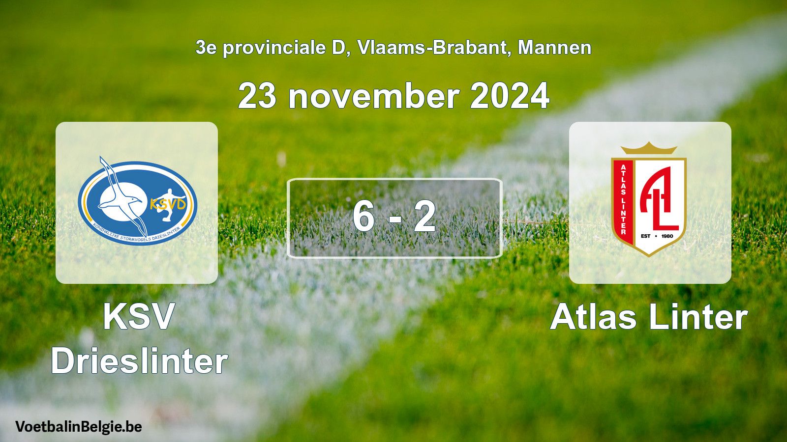 Gespeelde wedstrijd mannenvoetbal: KSV Drieslinter - Atlas Linter 6 - 2 (23 november 2024)
