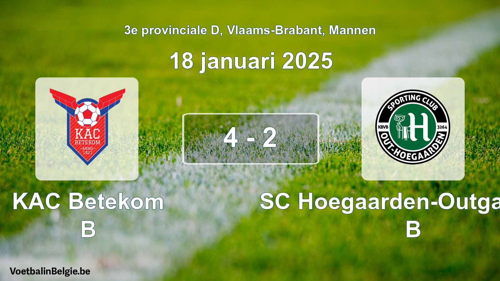 Gespeelde wedstrijd mannenvoetbal: KAC Betekom B - SC Hoegaarden-Outgaarden B 4 - 2 (18 januari 2025)