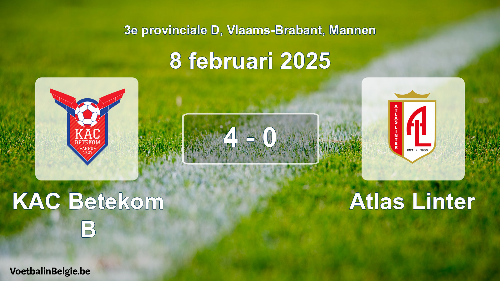 Gespeelde wedstrijd mannenvoetbal: KAC Betekom B - Atlas Linter 4 - 0 (8 februari 2025)