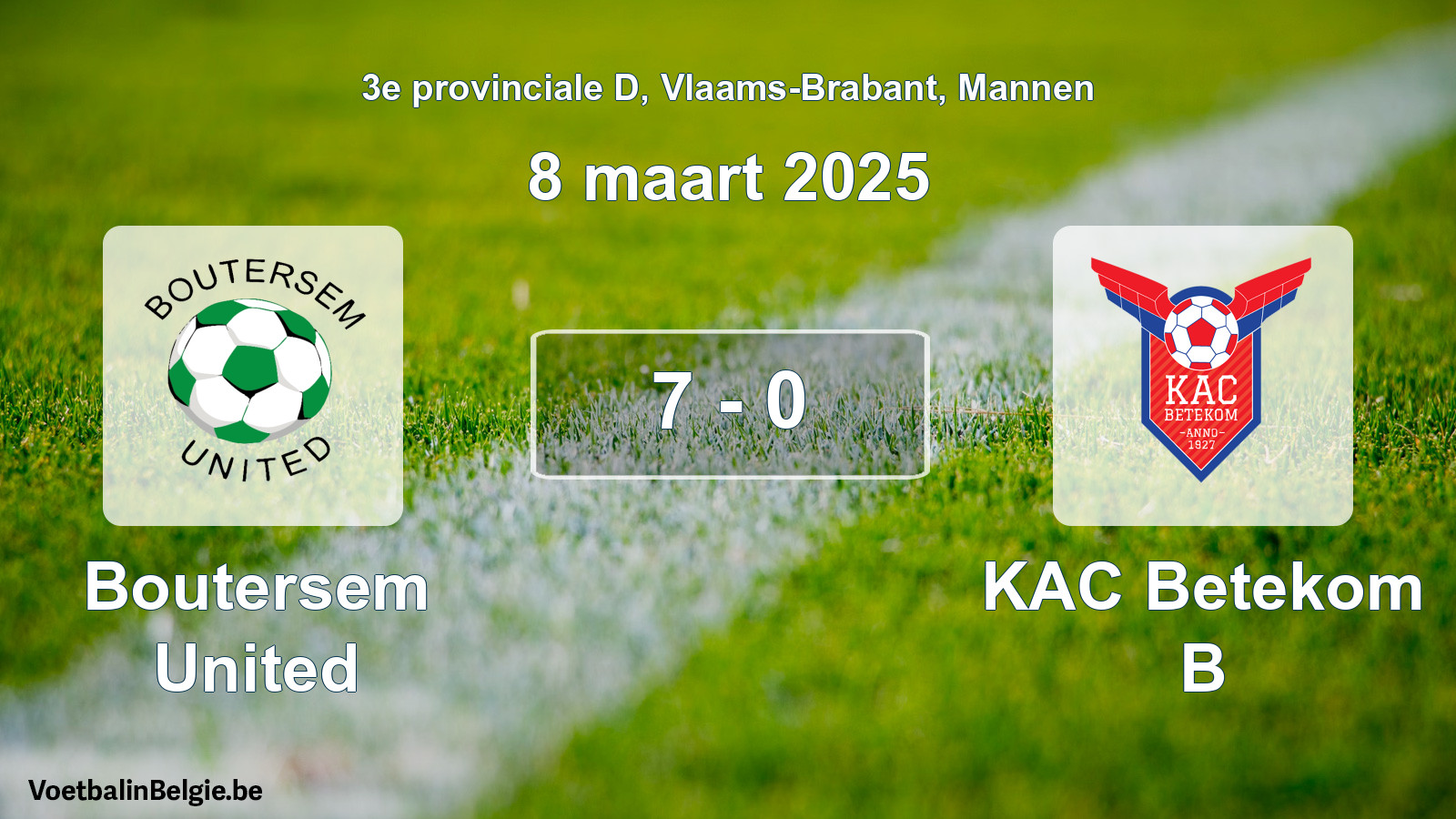 Gespeelde wedstrijd mannenvoetbal: Boutersem United - KAC Betekom B 7 - 0 (8 maart 2025)