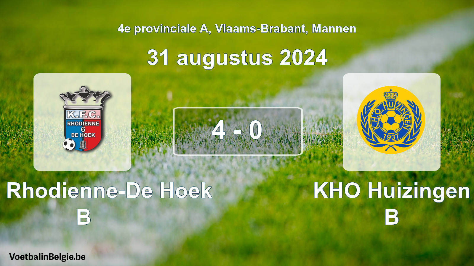 Gespeelde wedstrijd mannenvoetbal: KFC Rhodienne-De Hoek B - KHO Huizingen B 4 - 0 (31 augustus 2024)