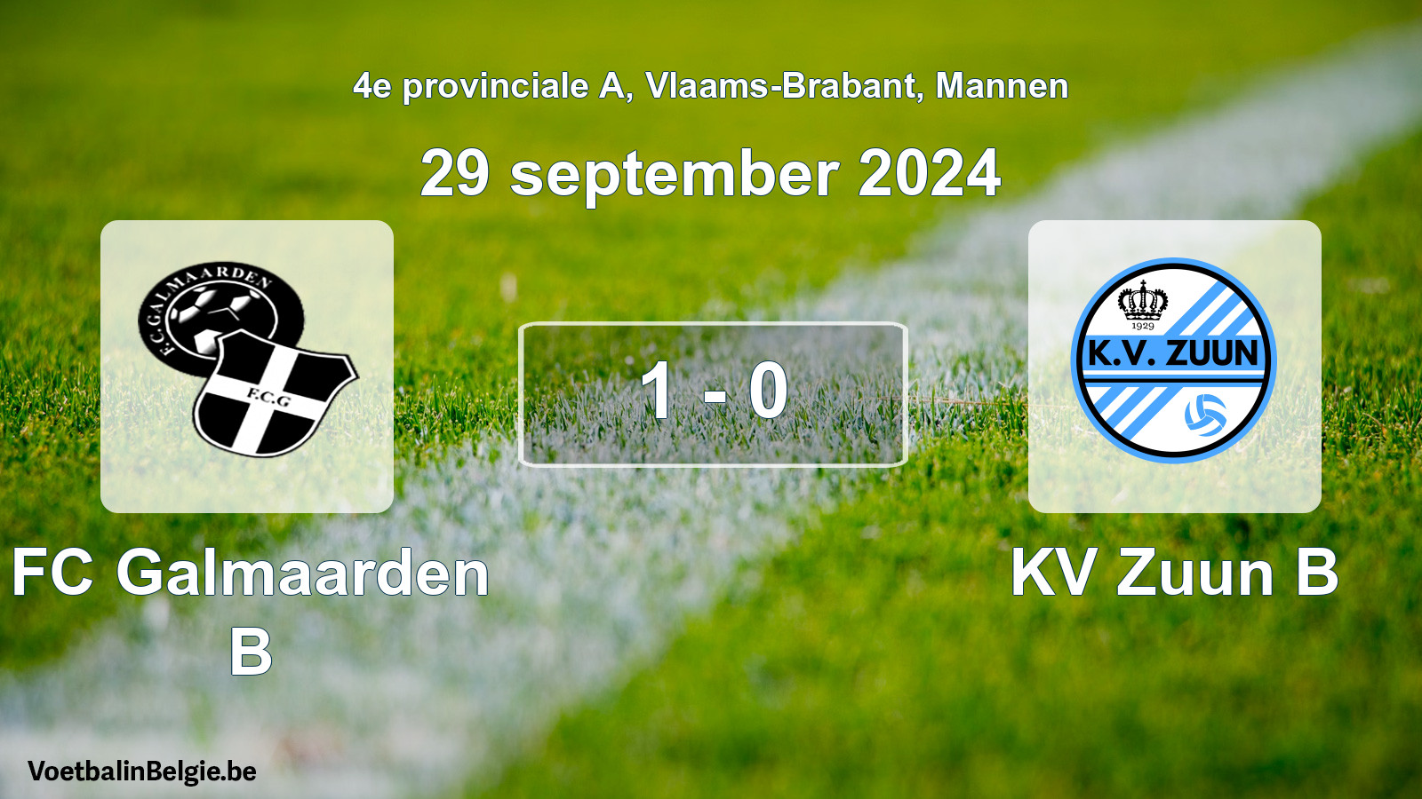 Gespeelde wedstrijd mannenvoetbal: FC Galmaarden B - KV Zuun B 1 - 0 (29 september 2024)