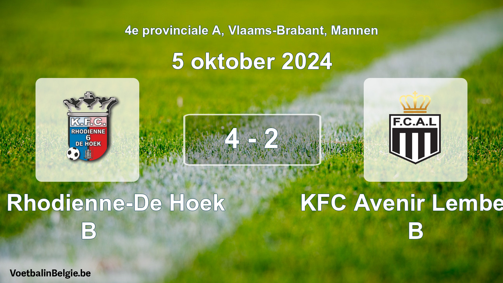 Played match men football: KFC Rhodienne-De Hoek B - KFC Avenir Lembeek B 4 - 2 (5 October 2024)