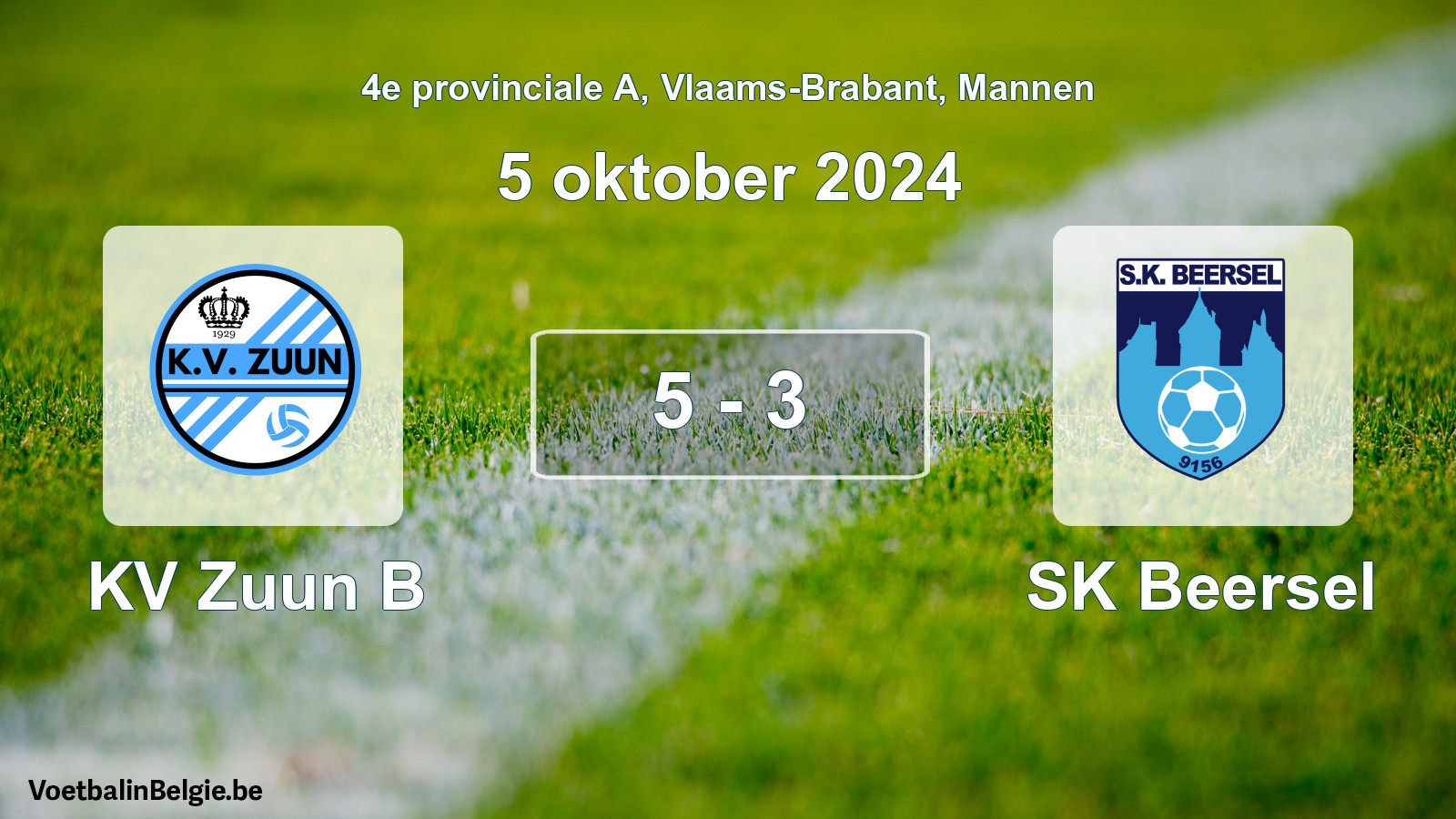 Gespeelde wedstrijd mannenvoetbal: KV Zuun B - SK Beersel 5 - 3 (5 oktober 2024)