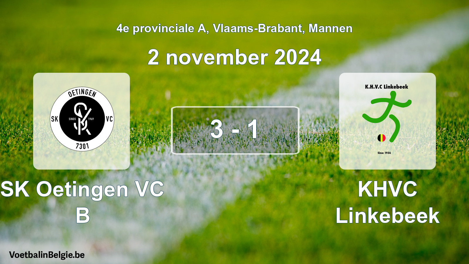 Gespeelde wedstrijd mannenvoetbal: SK Oetingen VC B - KHVC Linkebeek 3 - 1 (2 november 2024)