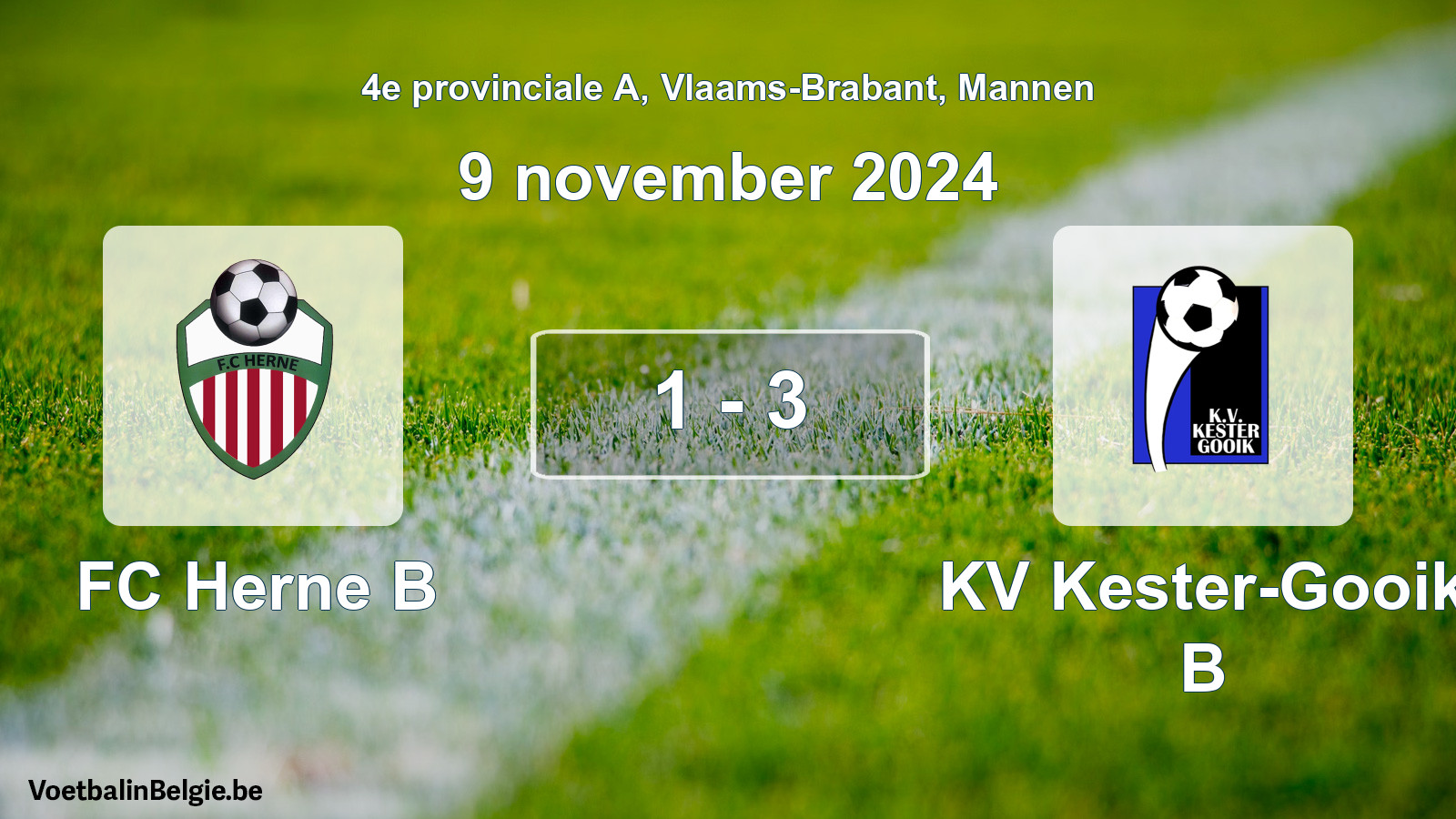 Gespeelde wedstrijd mannenvoetbal: FC Herne B - KV Kester-Gooik B 1 - 3 (9 november 2024)