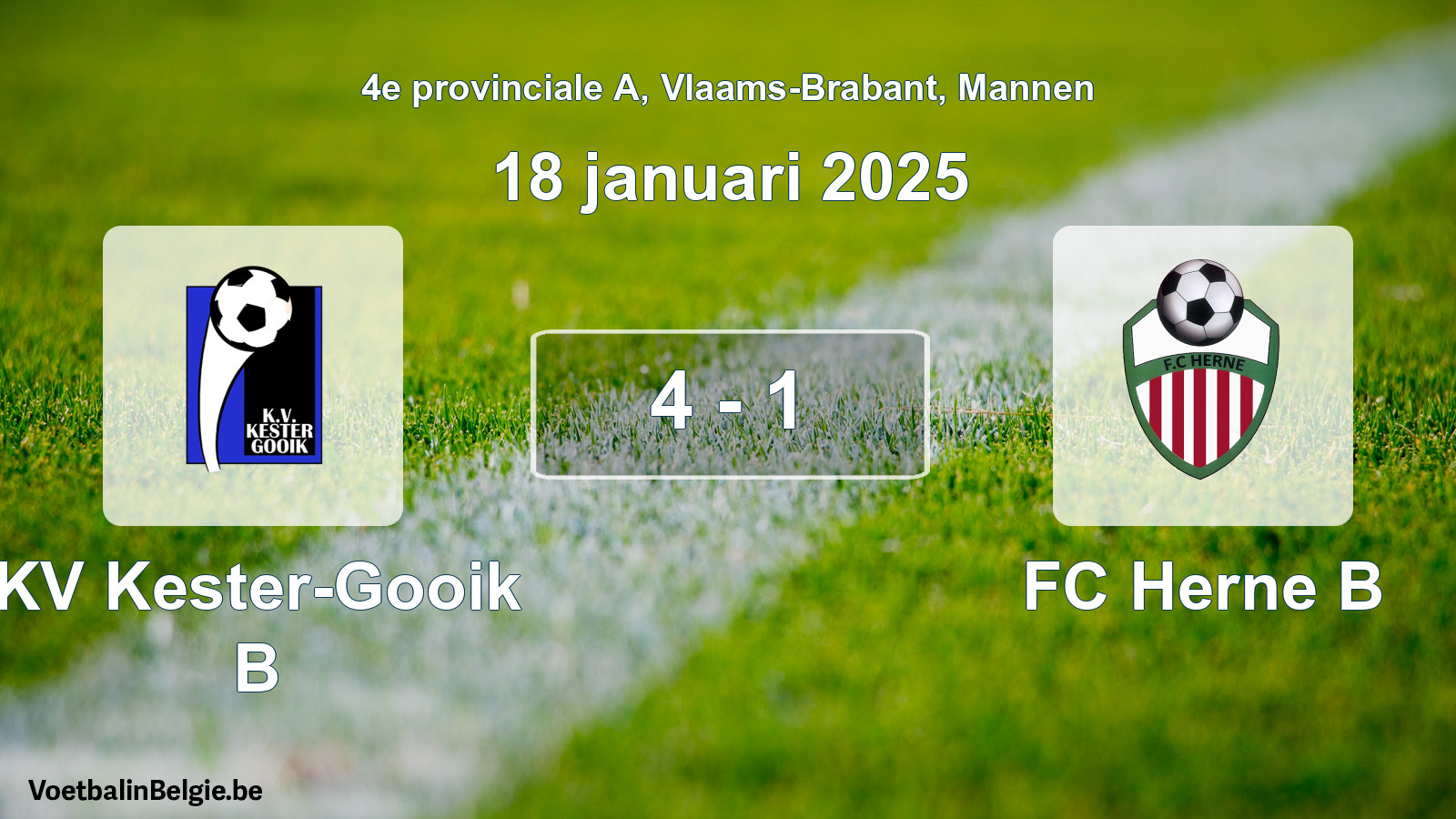 Gespeelde wedstrijd mannenvoetbal: KV Kester-Gooik B - FC Herne B 4 - 1 (18 januari 2025)