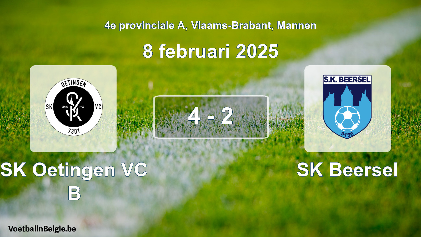Gespeelde wedstrijd mannenvoetbal: SK Oetingen VC B - SK Beersel 4 - 2 (8 februari 2025)