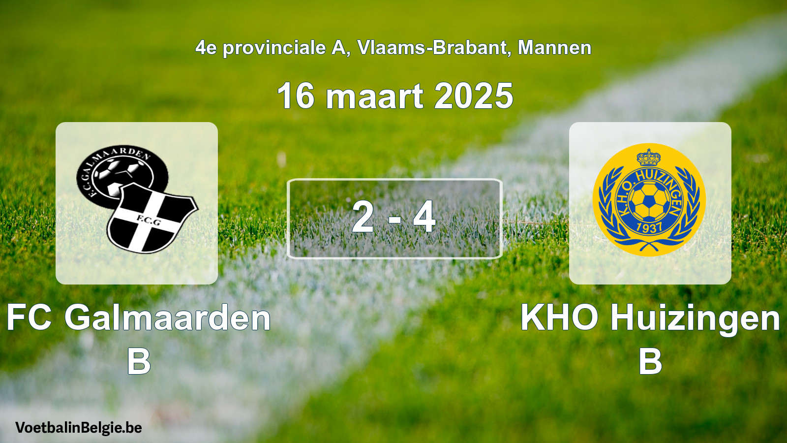 Gespeelde wedstrijd mannenvoetbal: FC Galmaarden B - KHO Huizingen B 2 - 4 (16 maart 2025)