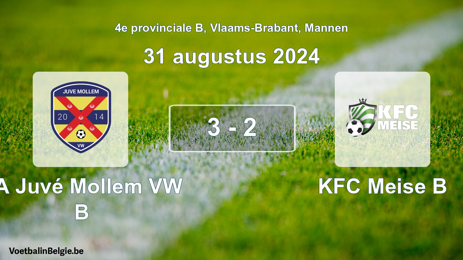 Gespeelde wedstrijd mannenvoetbal: SA Juvé Mollem VW B - KFC Meise B 3 - 2 (31 augustus 2024)